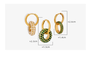 Detailed size comparison of gold hoop earrings with green and white Czech stones