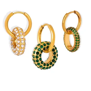 Luxury 18K Gold Plated Titanium Steel Round Hoop Earrings With Czech Crystal Pave Setting Vintage Geometric Ear Jewelry For Women