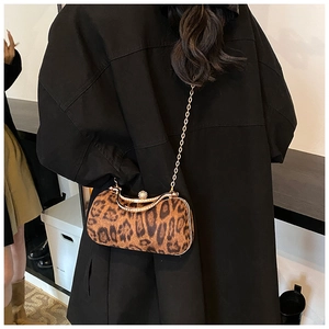 Detail of leopard print handbag with gold chain strap and crystal clasp on model