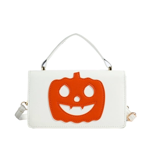 Chic white PU leather handbag featuring an orange pumpkin face for Halloween festive use