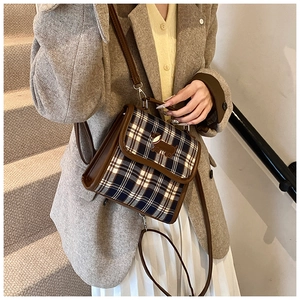 British style checkered crossbody square bag with dachshund embroidery and brown strap