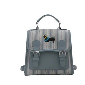 Chic smog blue mini backpack with striped flap and embroidered terrier dog detail