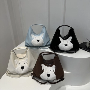 Cute plush dog tote bags in four colors including blue, black, white, and brown
