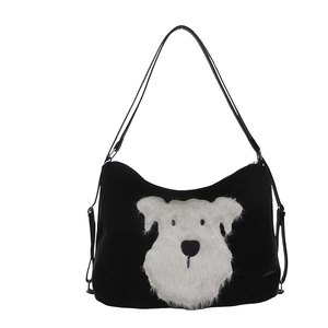 Sac fourre-tout noir avec tête de chien en peluche blanche et grande contenance