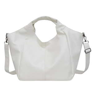 Minimalist white PU leather tote bag with top handles and adjustable shoulder strap