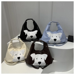 Retro large-capacity tote bags with plush dog patch in four stylish colors