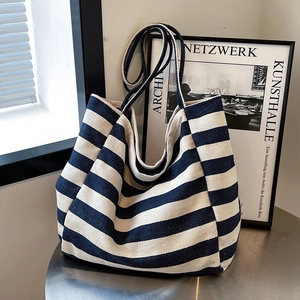 Women Casual Canvas Striped Tote Bag Large Capacity Navy Blue Black White Stripe Shoulder Bag Korean Style Handbag Shopping Bag