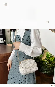 Detail of tweed crossbody bag with pearl handle and vintage gold buckle on a model