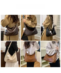 Collage of large capacity hobo bags in assorted colors with plush charm detail