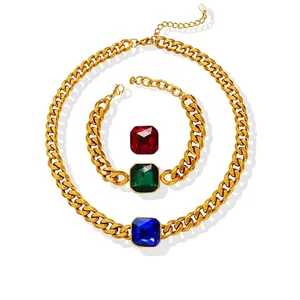 Gioielli Vintage In Acciaio Inossidabile Placcato Oro Collana E Bracciale A Catena Cubana Spessa Con Cristallo Di Zircone Quadrato