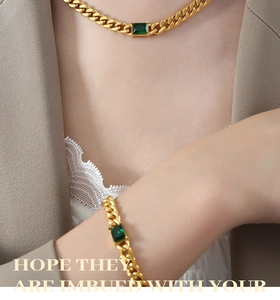 Baroque gold Cuban chain jewelry set featuring rectangle emerald green zircon gemstones