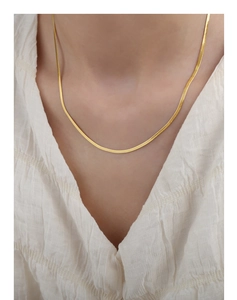 Vista detallada de un collar de cadena de serpiente dorada en el cuello de modelo
