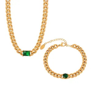 Emerald Green Zircon Necklace And Bracelet Vintage Gold Plated Titanium Steel Cuban Link Commuting Elegant Women