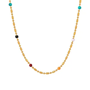 Retro Minimalist Stainless Steel Necklace 18K Gold Plated Colorful Enamel Beads Bamboo Cylindrical Link Jewelry For Women
