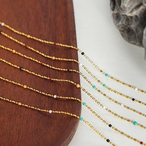 Gold titanium steel bead chain necklace with colorful enamel charms in retro style