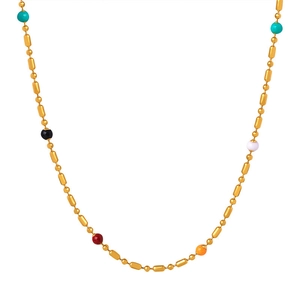 Retro titanium steel gold necklace with multi-colored enamel beads on a white background