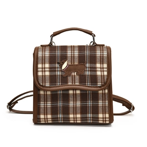 Brown checkered handbag with dachshund embroidery and leather trim in square design