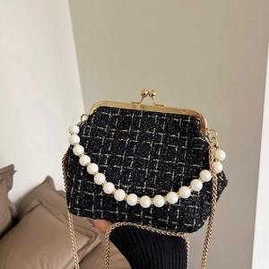 Vintage Tweed Crossbody Bag Elegant Artificial Pearl Handle Handbag With Metal Chain Strap Kiss Lock Retro Shell Purse For Women