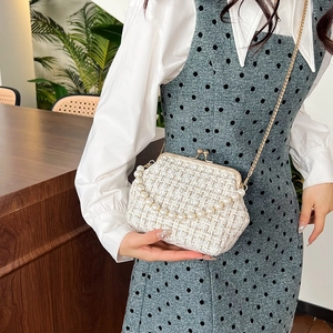 Chic tweed shell crossbody bag with pearl handle and metal chain for women