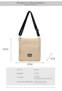 Size chart showing nylon shoulder bag dimensions 23x25x4cm with weight 0.15kg details