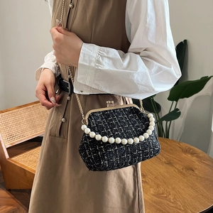 Plaid tweed crossbody shell bag with pearl handle and golden chain strap