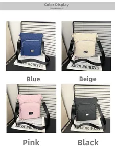 Color display of quilted nylon crossbody bags in blue, beige, pink, and black colors