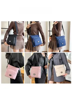 Quilted nylon crossbody bags in multiple colors shown from different angles on models