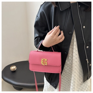 Pink lychee grain leather small square bag with vintage gold G buckle on model