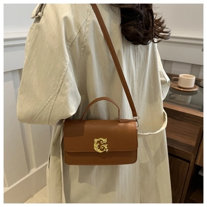 Detail of a brown lychee grain leather crossbody bag with a vintage gold G-letter buckle