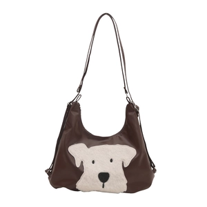 Sac fourre-tout vintage marron en simili cuir avec écusson chien en peluche pour femmes