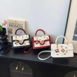 Women Cute Cherry Print Crossbody Bag PU Leather Polyester Lining Flower Buckle Braided Handle Shoulder Handbag