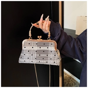Detailed shot of lace polka dot shell bag featuring a metal ring handle and gold chain