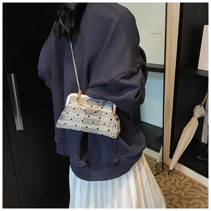 Detail of grey plaid bag with black dots, gold ring handle, and chain strap for women