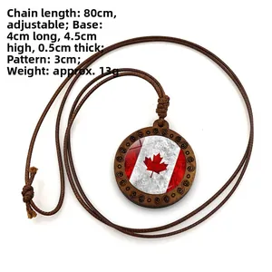 Retro Canadian flag wooden pendant necklace with adjustable brown cord for unisex