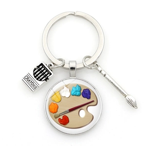 Artistic Paint Palette Paintbrush Keychain Glass Cabochon Zinc Alloy Crayon Box Charms For Artists Students Bags Hanging Jewelry