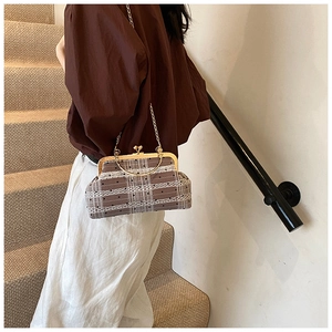 Detail of vintage brown plaid handbag with bamboo handle and gold chain on the stairs
