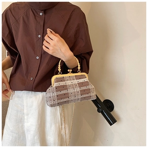 Vintage checkered shell handbag with polka dots and golden chain strap for women
