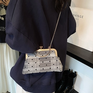 Lace polka dot shell bag with vintage bamboo handle and gold chain shoulder strap