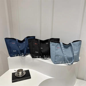 Large casual canvas tote bag in navy, black and light blue with fashion letter printing