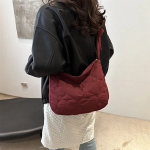 Large burgundy quilted tote bag with heart embroidery and nylon fabric for women