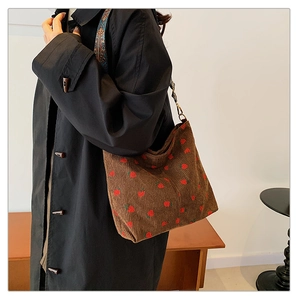 Brown corduroy tote bag with strawberry embroidery and ethnic style wide strap
