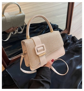 Detail of glittery flap surface and gold buckle on a stylish cream mini square handbag