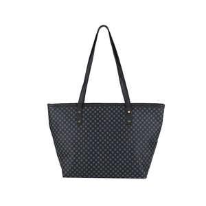 Large black tote bag with gray geometric dot pattern and long shoulder straps