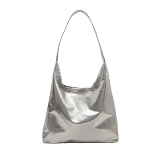 Glossy silver metallic PU shoulder tote bag with a spacious minimalist hobo silhouette