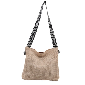 Große Stroh-Stofftasche mit böhmischem geometrischem Schultergurt für den Strand
