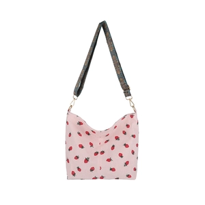 Pink corduroy strawberry tote bag with ethnic pattern wide strap for women