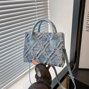 Borsa a Tracolla Denim Trapuntata da Donna Piccola Borsa a Spalla Quadrata Con Frange Borsa a Mano Casual Con Tracolla Regolabile