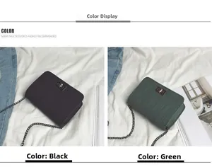 Detail of quilted textured small square bags in black and green with chain straps