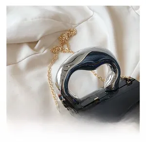 Close-up of black acrylic box bag featuring a sculptural silver handle and gold chain