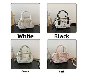Detailed grid view of boston handbags featuring butterfly prints in four colors